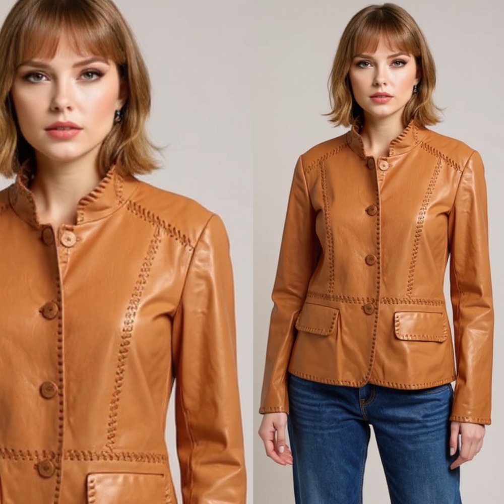 Ellen Tracy Vtg Camel Soft Leather Whipstitch Retro Bohemian Jacket Size 14
